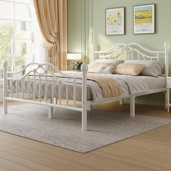 Queen Size Bed Frame, Metal Platform Bed with Victorian Headboard and Footboard, Strong Metal Slats Support, Mattress Foundation No Box Spring Needed, Easy Assembly, Noise Free, White