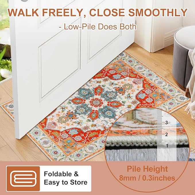 WILLSUN Washable Area Rugs, 4x6 Non-Slip Boho Large Area Rugs for Living Room, Bedroom, Machine Washable Vintage Rug, Indoor Floral Print Carpet for Home Decor, Kid & Pet Friendly Mat