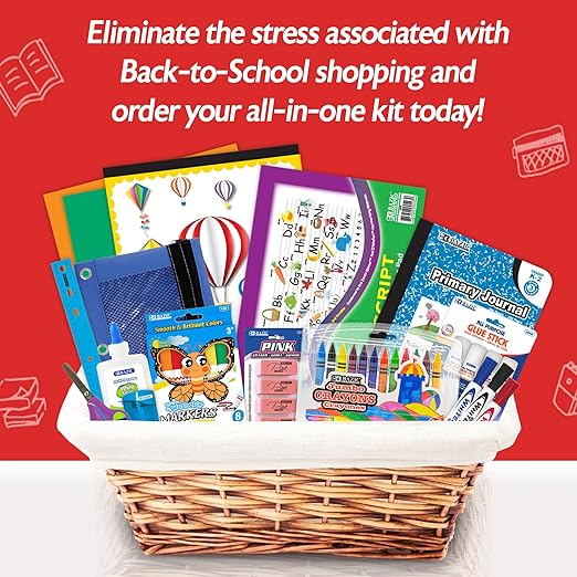 BAZIC PRODUCTS Primary School Supply Kit, 57-count Student Set for Kindergarten and Elementary Students Grades K–6, Complete School Supplies With Fully Organized Supply Box, 1-pack