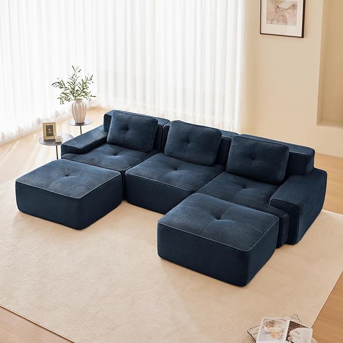 115" Modern Corduroy Cloud Sofa with Ottoman, U Shaped Boneless Modular Large Sectional Couches for Living Room, Blue 3 Seater Compressed Memory Foam Couch, Extra Deep Seat, No Assembly