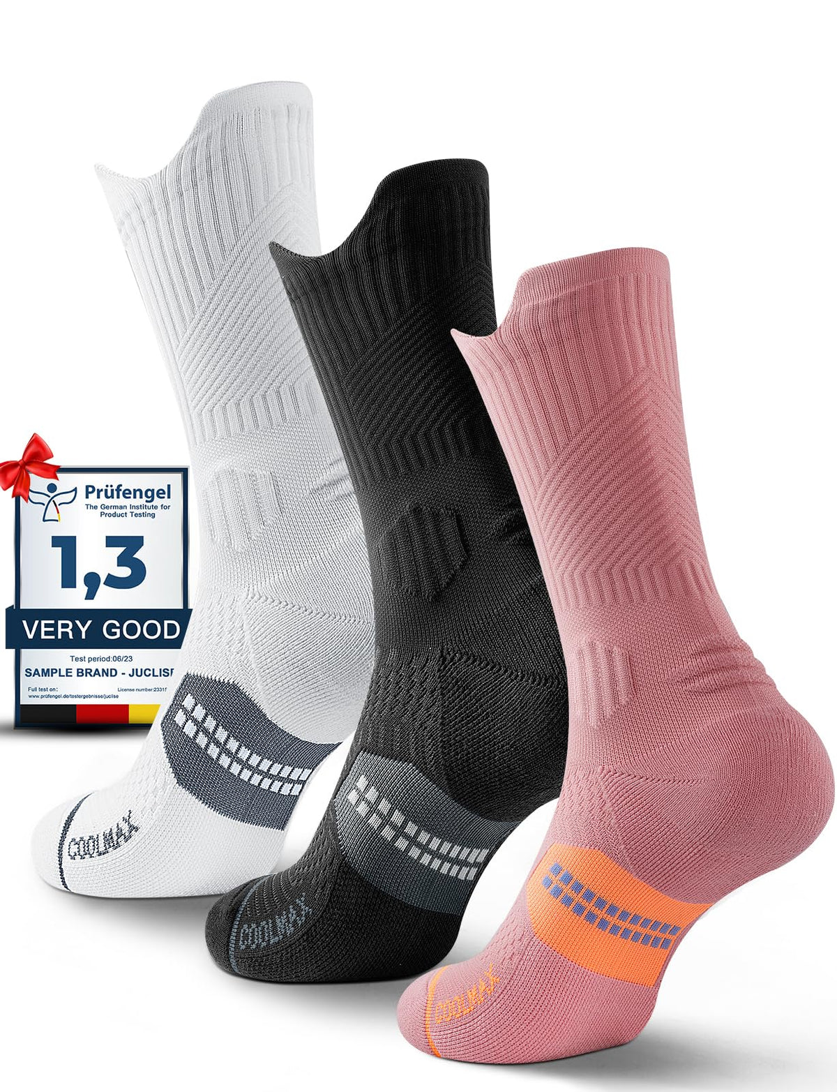 Juclise Bamboo Viscose Compression Running Crew Socks, Moisture Wicking Anti-Blister Hiking Athletic Cycling Gym Socks (US, Alpha, Medium, Regular, Regular, Classic Black+Glacier White+Dusty Pink)