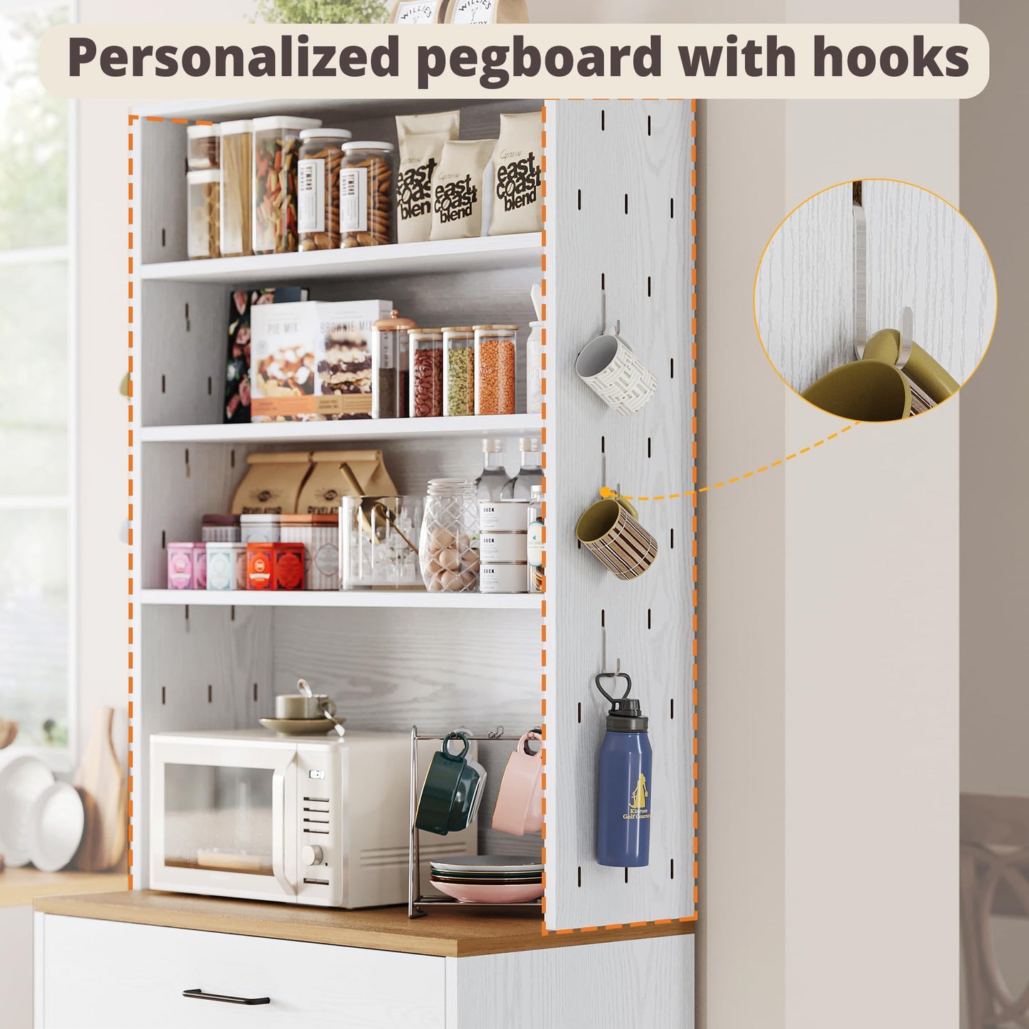 IRONCK Bakers Rack Microwave Stand with Storage and Pegboard, 71" Farmhouse Coffee Bar Cabinet with Drawer, Barn Doors, Adjustable Shelves for Kitchen, Dining Room, Living Room, White