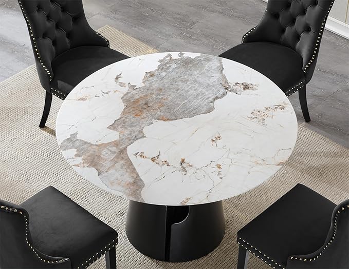 5-Piece Faux Marble Round Dining Table Set for 4, Modern Luxury Kitchen Table Set for 4 with Black Tufted Chairs,Circle Dining Tables with Pandora Grain Top and Black Pedestal Base