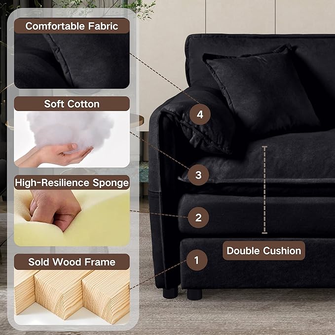 Loveseat Deep Seat Sectional Sofa Cloud Couch, Modern Chenille Comfy Upholstered Modular L Shaped Couch for Living Room, Apartment, Office (Black, 75.59 Inch-L Shape)