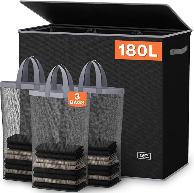 SOLEDI 180L Laundry Hamper 3 Section, Extra Large Laundry Hamper with Lid, Dirty Clothes Hamper with Sturdy Handle, Large Laundry Basket Organizer for Laundry Room, Bedroom, Hampers for Laundry