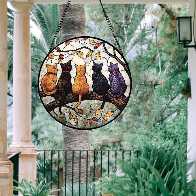 Stained Glass Window Hanging - 5 Cats on a Branch Suncatcher for Window Doors Home Decoration and Christmas, Mother's Day Father's Day Birthday Gifts for Women, Men, and Mom 14.9x14.9 in