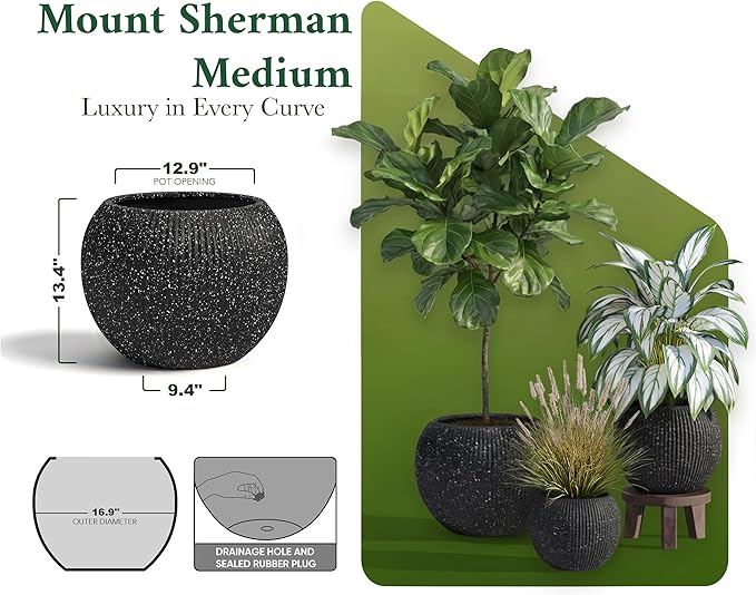 DTY Signature Mount Sherman Modern Indoor Outdoor Fiberstone Sphere Planter, Durable Round Garden Pot, Weather Resistant, Drainage Hole & Rubber Plug,Planter for Christmas Tree (Ribbed Black, Medium)