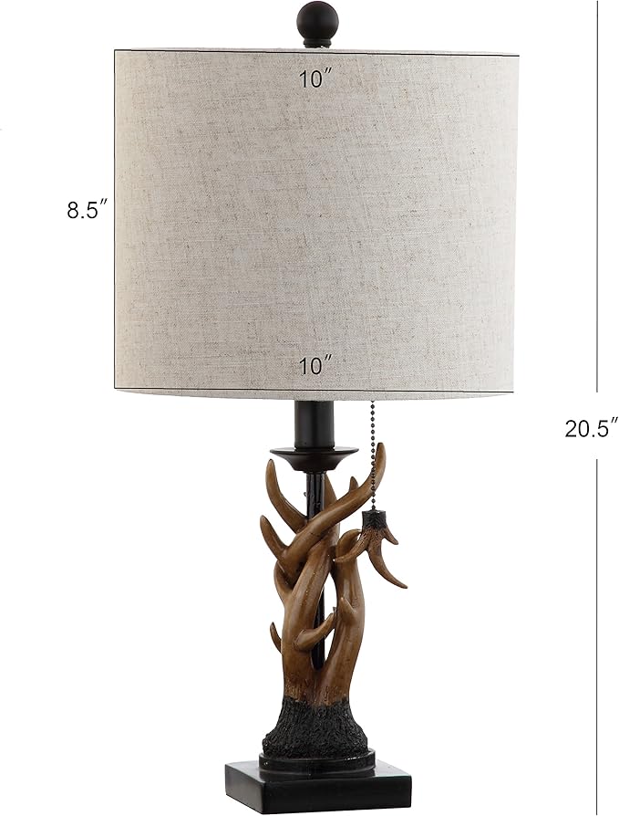 JONATHAN Y 20.5" Brown Rustic Antler Table Lamp for Bedroom Farmhouse Decor, Mini Faux Antler Desk Lamp with Gray Linen Shade, Lodge Cabin Nightstand Lamp, LED Bulb JYL1031A