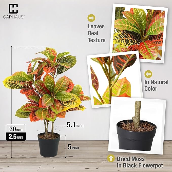 CAPHAUS 30 Inch Artificial Croton Tree Potted Plant - UV Resistant Faux Topiary Plant, Low Maintenance Realistic Indoor Outdoor Decor for Home, Office, Front Porch, Patio