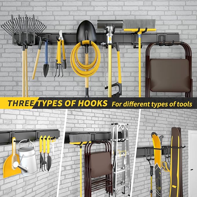 48 Inches Garage Storage, Garage Organization, Wall Mount Garden Tool Organizer, 440lbs Adjustable Heavy Duty Metal Hanging Hooks, Yard Rack Hanger System Shovel Rake Broom Ladder Holder, Men Gift