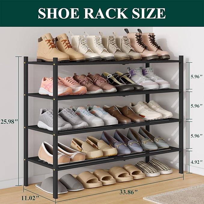 Smiry Long Bamboo Shoe Rack 4-Tier, Stackable Wooden Shoe Organizer for Entryway & Closet, Free Standing Wood Shoe Storage Shelf for Front Door & Small Spaces, Black