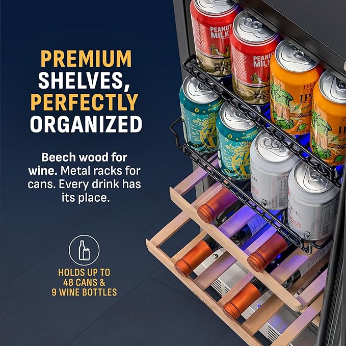 NewAir 15" Dual Zone Beverage Refrigerator & Wine Cooler for 9 Bottles & 48 Cans | Freestanding or Built-In Under Counter Mini Fridge for Beer, Wine and Soda | Stainless Steel