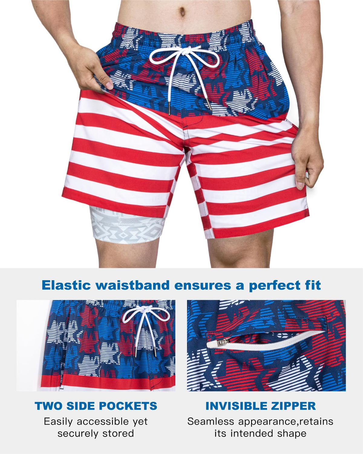 SURF CUZ Mens Swim Trunks with Compression Liner Quick Dry Swim Shorts 7" Swimming Trunks Stretch Bathing Suit 7 Inch,American Flag,XS