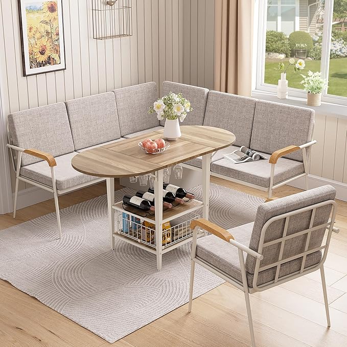 VFK 3 Piece Dining Table Set, 51 Inch Modern Kitchen Folding Breakfast Table with Right Seat Storage Corner Stools and Dining Chairs for Home Dining Room Furniture