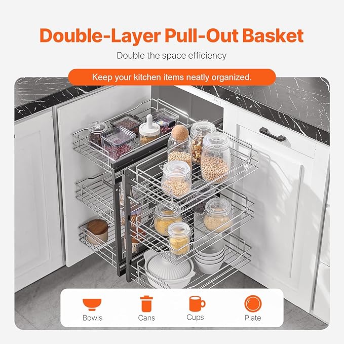 VEVOR 3 Tier 6 Shelf Chrome Carbon Steel Kitchen Cabinet Organizer, Slide Out Storage, Space Saving, Silver, For 15" Width, Food, Jars, Cans, Cookware, Pans, Mugs