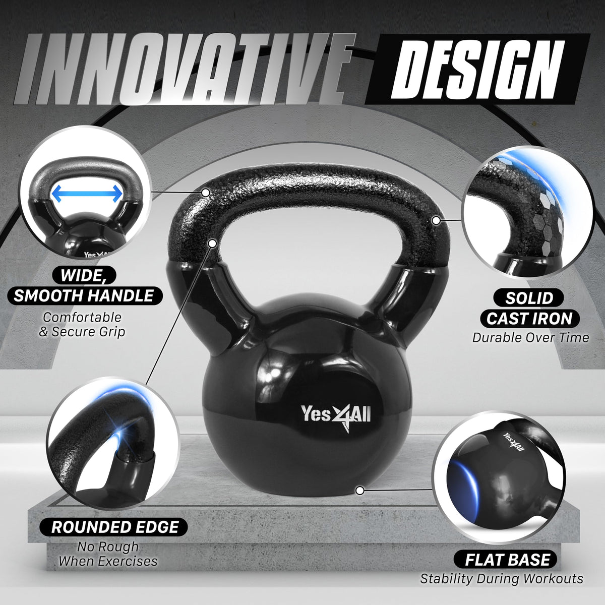 Yes4All Kettlebells 5 10 15 20 25 30 lbs Set Weight Vinyl Coated Cast Iron for Dumbbell Weights Exercises, Gym, Fitness, Full Body Workout Equipment Push up, Grip and Strength, Black