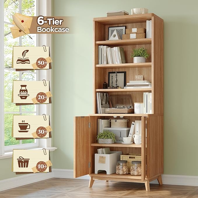 Tall Bookshelf, 6-Tier Bookcase with Fluted Doors & Adjustable Shelves, Mid-Century Cabinet, Modern Wooden Book Shelf for Home Office, Living Room, Kitchen, Light Oak