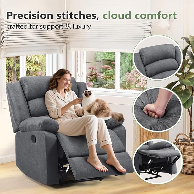 ANJ Fabric Recliner Chair Set of 2, with Overstuffed Arm and Back, Comfy Gray Manual Reclining Chairs for Adults, Living Room Single Sofa Recliners