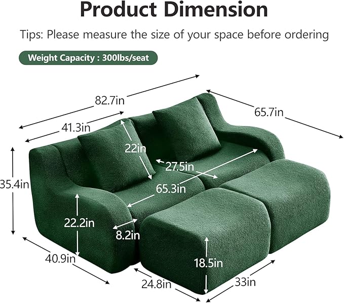 Green Modular Cloud Couch Loveseat with 2 Ottomans, Modern Teddy Fabric Boneless Sectional Sofa in a Box for Living Room, Deep Seat Floor Couch, No Assembly Required, Sofas para Sala