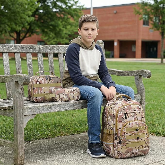 School Backpacks for Boys - 4pcs Camo Boys Backpacks with Lunch Box Set for Kids Teens Elementary Middle School, 18″ Large Capacity Students Bookbag, Perfect for Travel