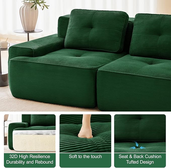 150" Modern Corduroy Cloud Sofa with Ottoman, L Shaped Boneless Modular Large Sectional Couches for Living Room, Green 4 Seater Compressed Memory Foam Couch, Extra Deep Seat, No Assembly