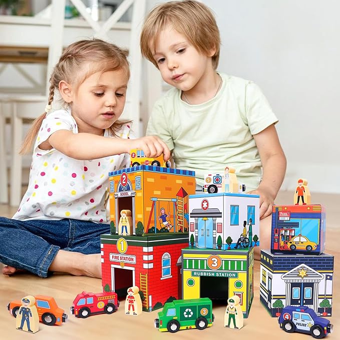Atoylink Toddler Sorting and Stacking Toys with Magnetic Wooden Cars & Community Helpers, Baby Number Blocks Nesting Boxes Preschool Learning Montessori Toys for 1 2 3 Year Old Boys Girls Gift