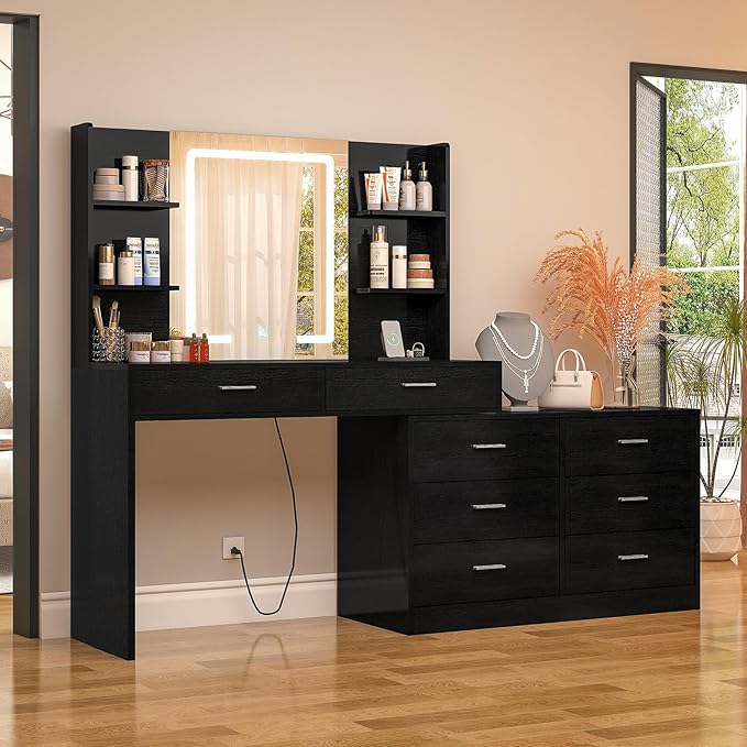 Vanity Makeup Desk with LED Light Mirror & Power Outlet, 8 Drawers, 6 Storage Shelves, 3 Color Modes & Adjustable Brightness Dressing Table, Corner Vanity, L Shape Change, 39.4”Desk, Black