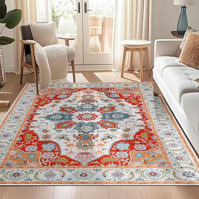 WILLSUN Washable Area Rugs, 5x7 Non-Slip Boho Large Area Rugs for Living Room, Bedroom, Machine Washable Vintage Rug, Indoor Floral Print Carpet for Home Decor, Kid & Pet Friendly Mat