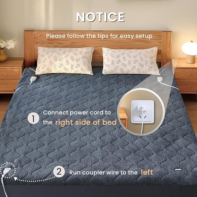 King Size Heated Mattress Pad Sherpa Electric Mattress Pads Electric Bed Warmer Fit up to 21" with 6 Heat Settings Dual Controller 10 Hours Auto Shut Off, Dark Gray