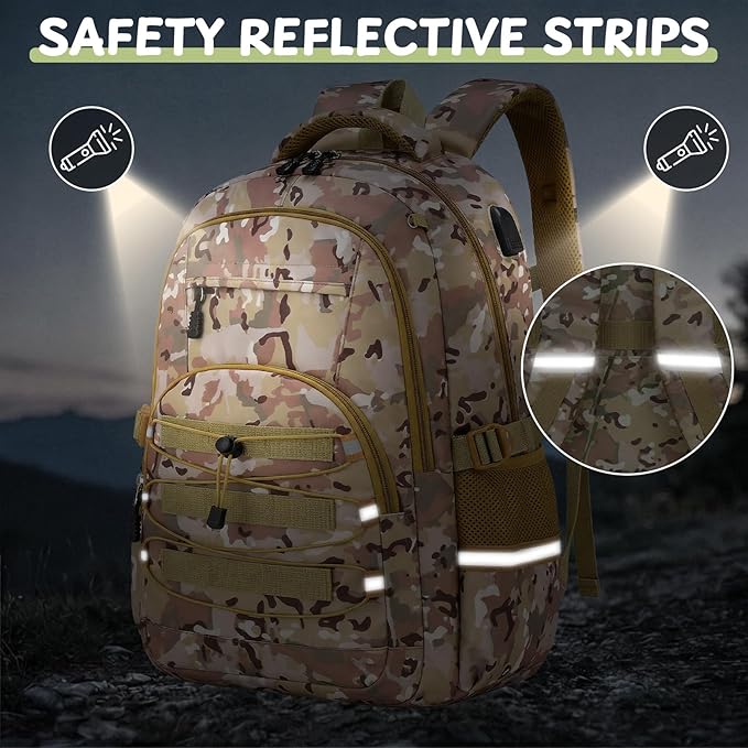 Kids Backpack for Boys - Camo Boys Backpacks for Kids Teens Elementary Middle School, 18″ Camouflag Students Bookbag with Usb Charging Port & Key-chain, Perfect for Travel and School
