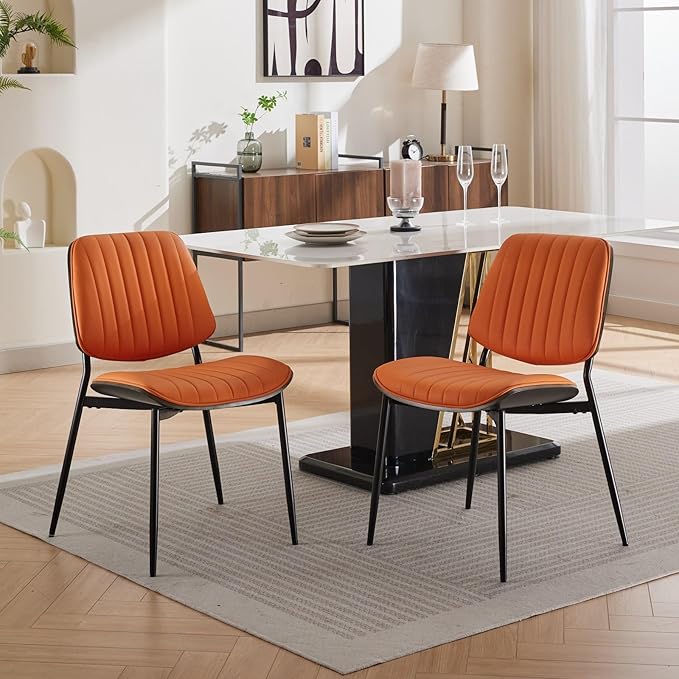Dining Chairs Set of 8, Mid Century Modern Accent Dining Room and Kitchen Chairs, Upholstered PU Leather Vertical Stripe Chairs for Vanity with Walnut Bentwood and Metal Legs, Orange