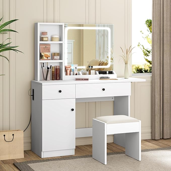 GarveeHome Makeup Vanity Desk with Mirror and Lights, Vanity Table Set with Drawer & Power Outlet ＆ Chair & 3 Shelves, Bedroom, White