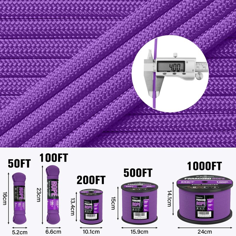 TRIBERION Paracord Rope 750 lb - 1000ft 5/32" Parachute Cord 4MM 12-Strand para Cord - Heavy Duty Spool String for Survival,Camping Gear, Survival Bracelet, Clothesline - Purple