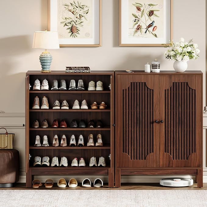 Tribesigns Shoe Cabinet with Doors, 5-Tier Shoe Storage Cabinet with Adjustable Shelves, 20 Pairs Wooden Shoe Rack Organizer, Tall Narrow Shoe Cabinet for Entryway, Hallway, Closet, Walnut, Set of 2