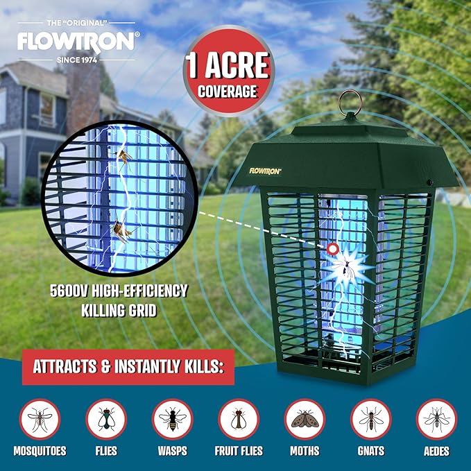Flowtron Bug Zapper, 1 Acre of Outdoor Coverage with Powerful 40W Bulb & 5600V Instant Killing Grid, Electric Insect, Fly & Mosquito Zapper, Made in The USA - Green Color