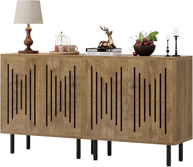 Tribesigns Set of 2 Sideboard Buffet with Storage, 59" Buffet Sideboard Cabinet with Adjustable Shelves, Accent Storage Cabinet for Living Room, Natural