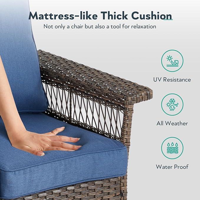 Wicker Outdoor Chairs Set of 2 - Hollow Widen Armrests Patio Furniture Set with Comfortable Thickened Cushion, High Back Outdoor Rattan Chairs for Balcony Porch Deck and Yard - Brown - Blue