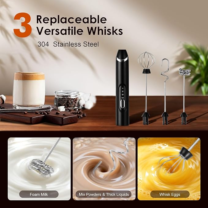 Rechargeable Milk Frother with Stand,Coffee Frother,Drink Mixer (Black)