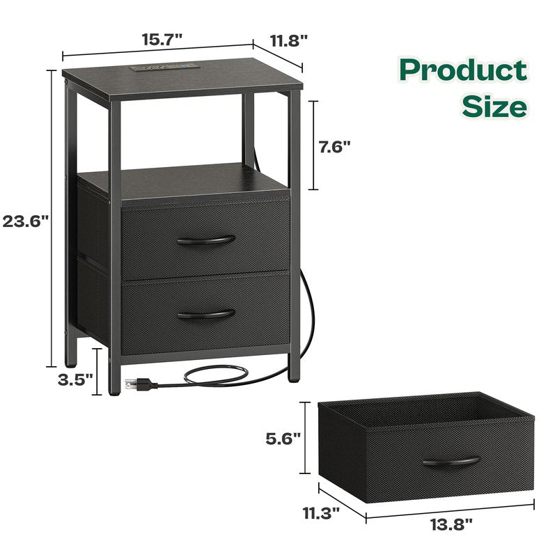 Huuger Night Stand with Charger Station and LED Lights, 2 Drawer Nightstand, Bed Side Table with Open Shelf, End Table, Fabric Drawers for Bedroom, Black