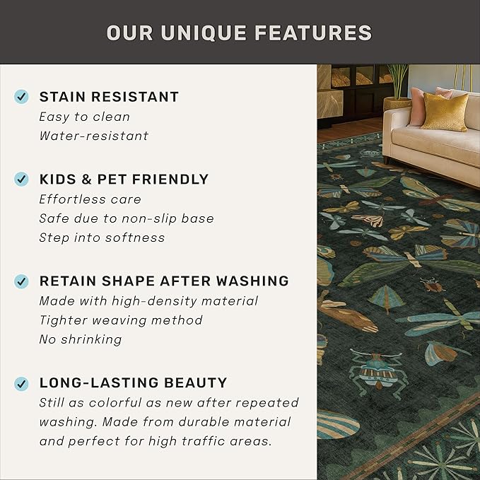 Black and Green Rug 5x8 for Living Room - Dark Moody Rugs for Dining Room Table, Playroom, Home Office, Insect Floral Moth Décor, Washable Non Skid Foldable