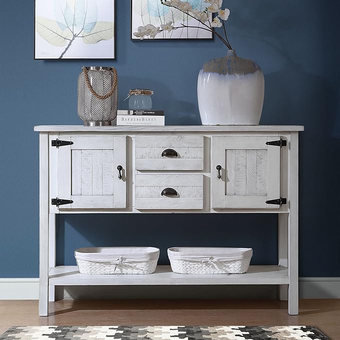 LKTART Solid Wood Farmhouse Console Table,Sofa Table with Storage Drawers and Shelves,Entryway Table for Entry Hallway Foyer Sofa Side Table,Easy Assembled (48" Antique White)