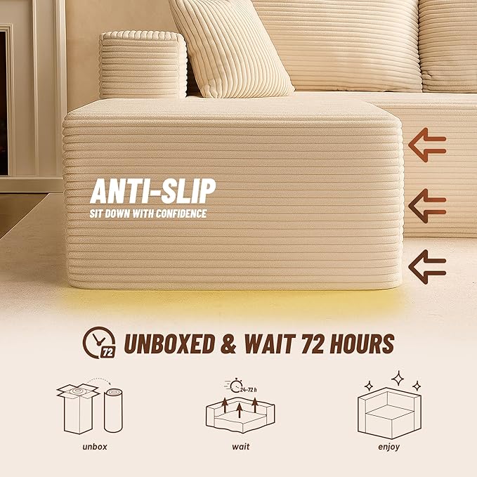107" Boneless Couch with Deep Seat, Modular Sectional Sofa, Cloud Sectional Couch for Living Room, No Assembly Required, Corduroy, L-Shape Right?White