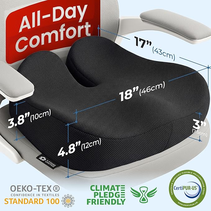 5 STARS UNITED Seat Cushion for Tailbone Pain Relief – Memory Foam Cushion for Coccyx, Hip, Sciatica & Post-Surgery Recovery – Wheelchair, Car, Desk, Gaming & Office Chairs, Black, XX-Large