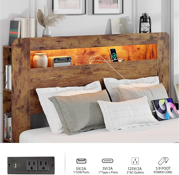 Queen Size Wooden Bed Frame with Bookcace Storage Headboard, Rustic Farmhouse Bedframe with LED Lights and Charging Station, Sturdy and Stable, Slat Support, No Box Spring Required (Brown, Queen)