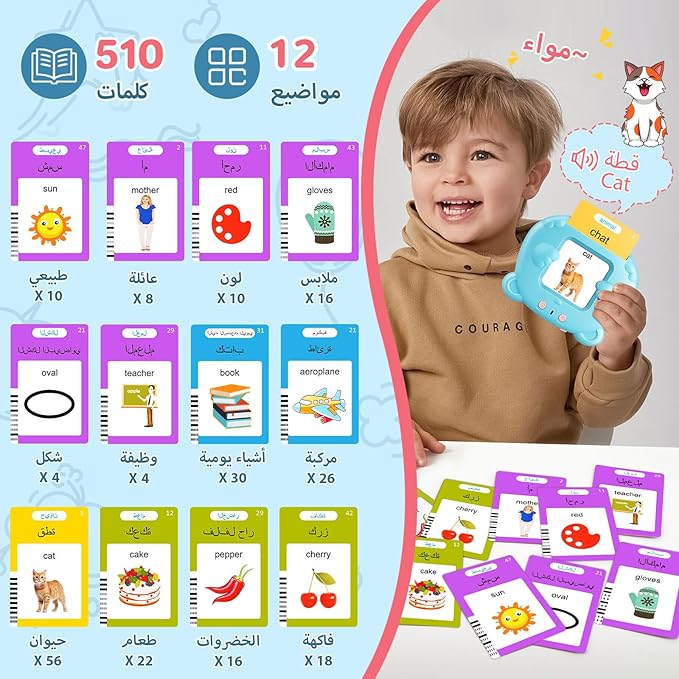 Arabic & English Talking Flash Cards for Toddlers, Bilingual Flash Cards Learning Montessori Toys with 510 Sight Words, Speech Therapy Toys, Children's Sensory Preschool Learning Educational Gifts