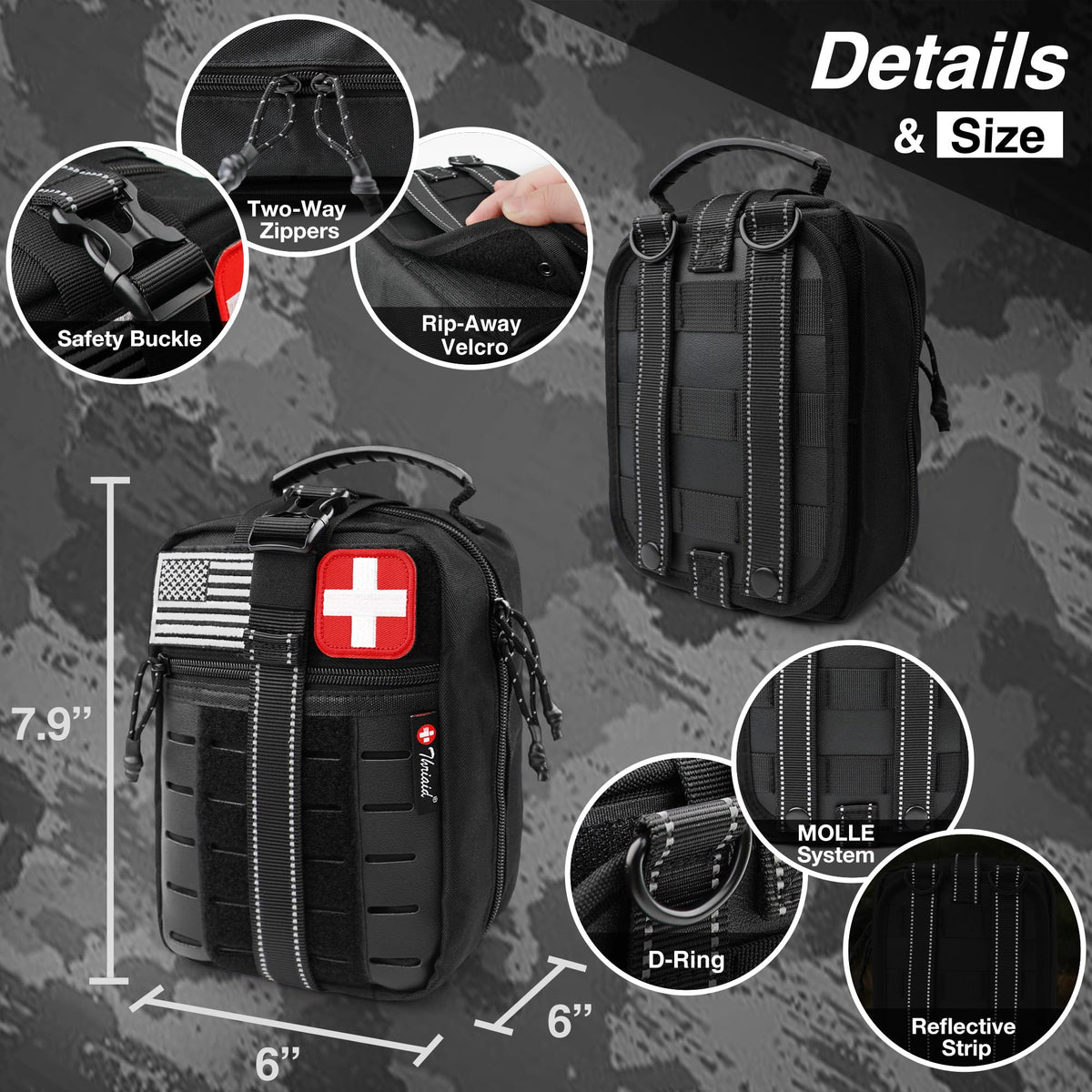 Survival First Aid Kit with Israeli Bandage, Chest Seal, Tourniquet, Splint, Tactical Military Combat Molle IFAK for Wound Care, Bleeding Control, Trauma Hemorrhage and More (Black)