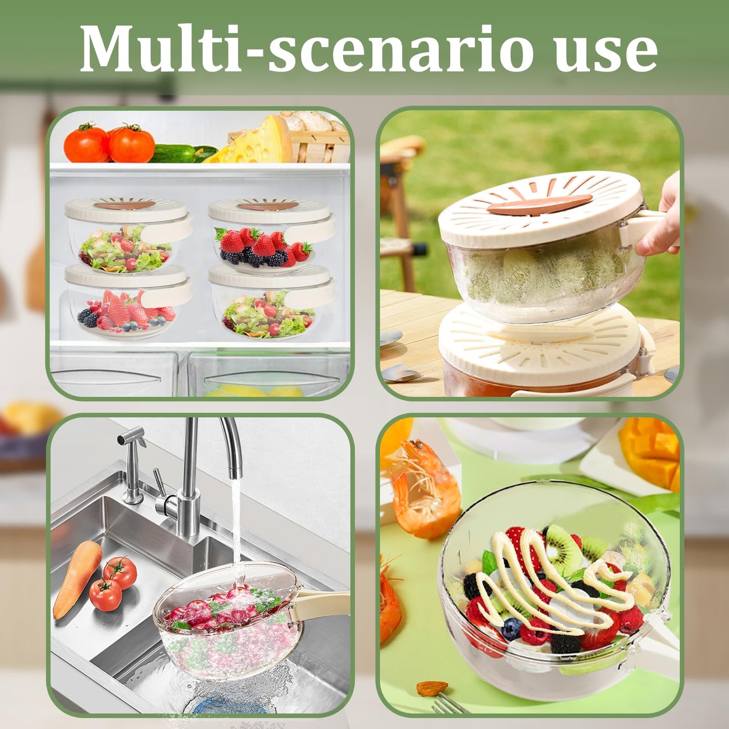 Large MultiPurpose Fruit Strainer Drain Basket with Lid & Collapsible Handle,2 in 1 Draining and Preservation Basket, Fruit Washing Bowl with Strainer for Fridge Freshness and Outdoor Picnics(Brown)