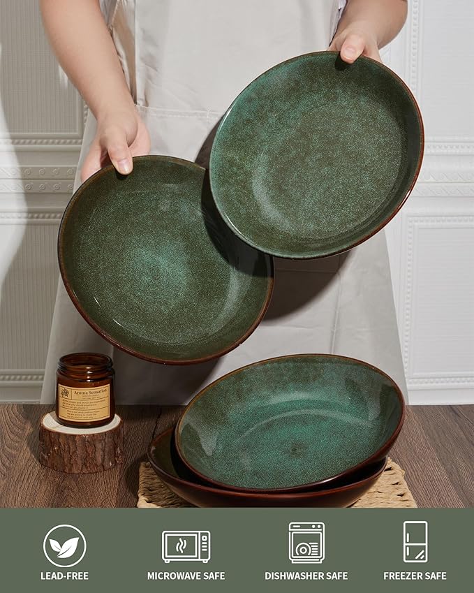 8.75 Inch Large Ceramic Pasta Bowls, 32 Oz Reactive Glaze Stoneware Pasta Serving Bowls Set of 4 for Kitchen, Wide Bowls for Fruit,Pasta,Salad,Soup, Scratch Resistant-Brown and Green