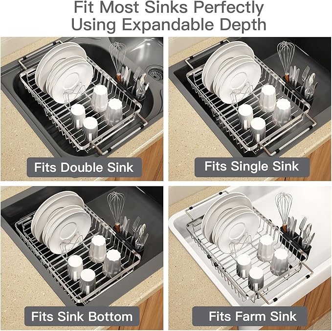MAJALiS Expandable Stainless Steel Over The Sink Dish Drying Rack for Small Kitchen Counter Space Saving, Compact RV Plate Drainer Strainer in Silver Wire Metal with Hanging Adjustable Utensil Holder