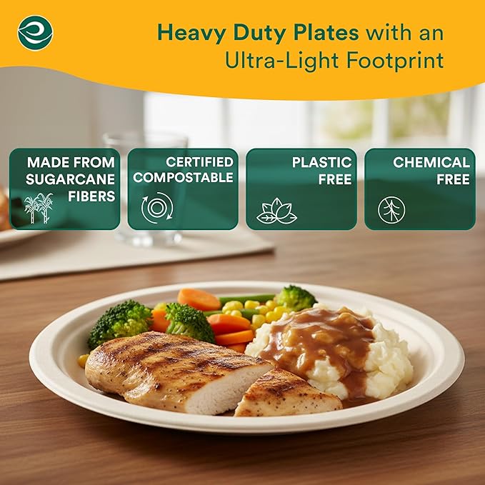 ECO SOUL 100% Compostable Paper Plates 10 Inch [500-Pack] Biodegradable Heavy Duty Eco-Friendly Disposable Plates for Dinner, Parties, Wedding & Event